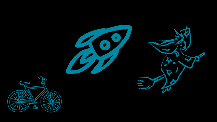 A bike, a rocket and a witch flying on a broom