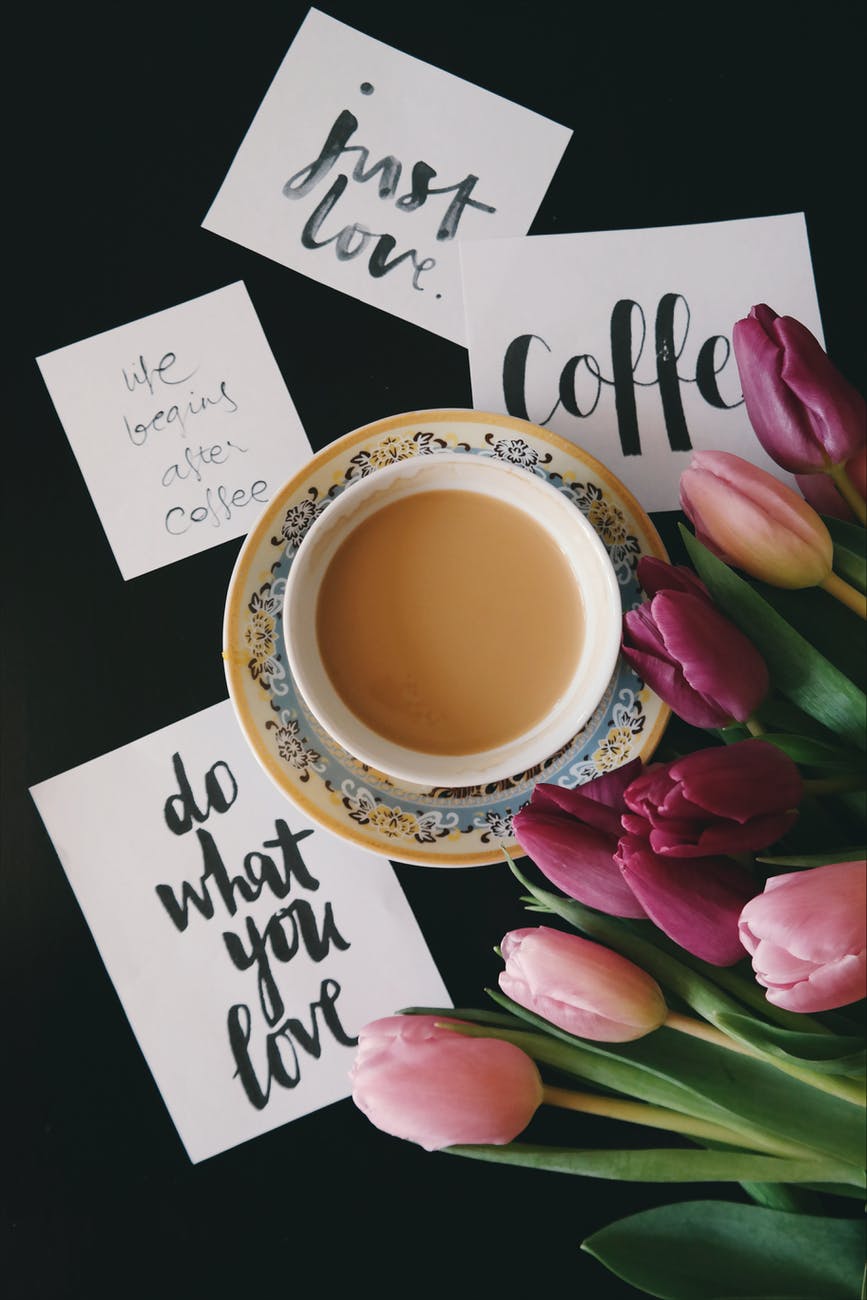 flowers, coffee, cards