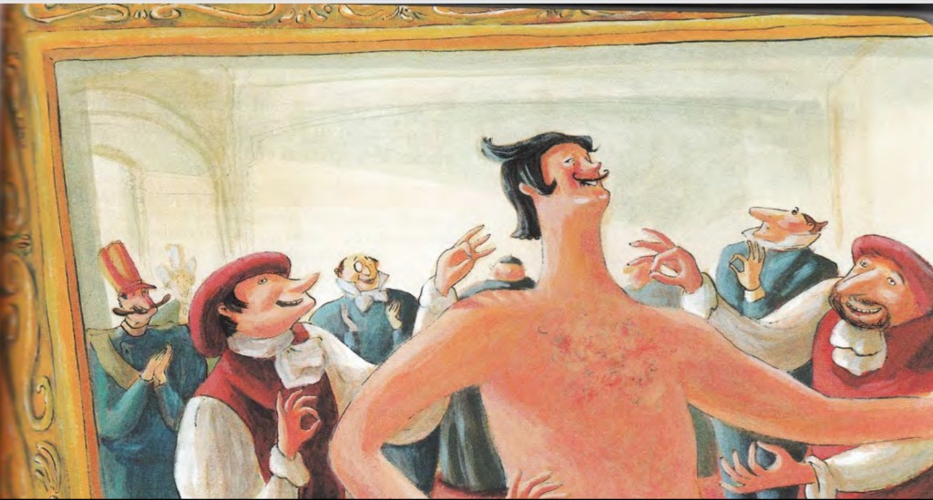 Hand-drawn naked king and two con artists