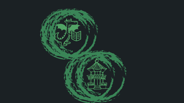a dragon and a korean style building in circles