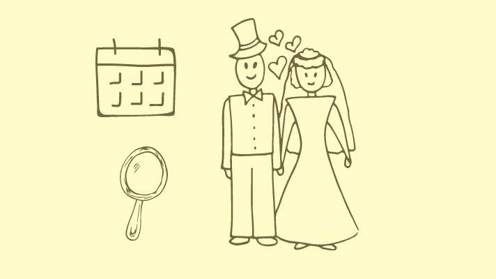 Calendar, mirror, a couple at the wedding