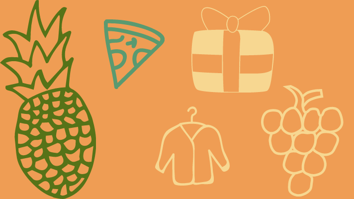 pineapple,pizza gift,shirt,grapes