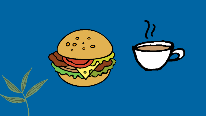 Green leaves, hamburger, cup of coffee