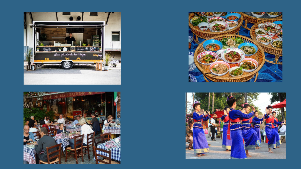 Food stand, asian food, national dance, restaurant