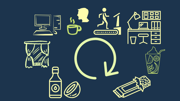 Coconut oil, curtains, computer, coffee, man, gym, office, smoke, granola bar